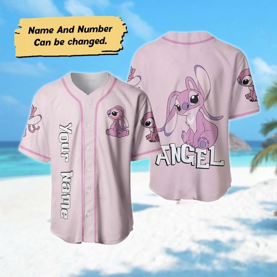 Personalized Angel Baseball Jersey, Stitch And Angel Baseball Shirt, Angel Cartoon Basketball Jersey Team, Stitch Family Trip Baseball Gift