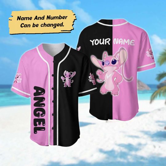 Personalized Angel Pink Baseball Jersey, Funny Angel Monster Character Basketball Jersey, Stitch Birthday Gift For Kid Adult