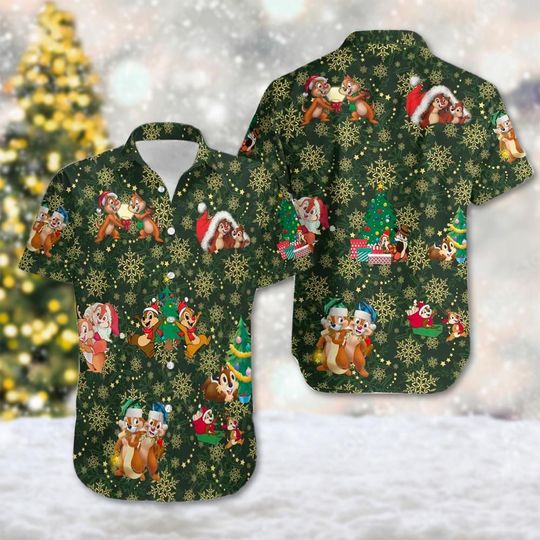 Chip 'n Dale Snowflakes Christmas Hawaii Shirt, Chip n Dale Button Up Shirt, Squirrel Hawaiian Shirt, Chip and Dale Xmas Party Shirt