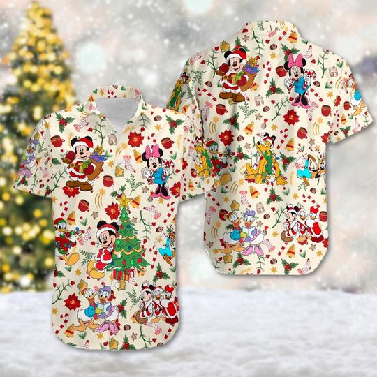 Mickey & Friends Santa Hat Christmas Hawaii Shirt, Mickey Mouse Button Up Shirt, Mickey Xmas Party Hawaiian Shirt, Magic Kingdom Shirt