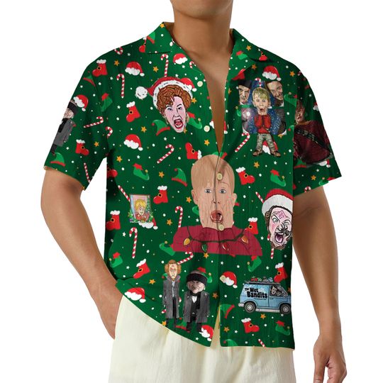 Home Alone Christmas Hawaiian Shirt, Green Hawaiian Shirt, Christmas Movie Button Up Shirt, Kevin Mccallister Christmas Vacation Shirts
