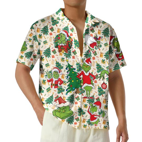 Christmas Tree funny character Hawaiian Shirt, Christmas Green Hawaii Shirts, Merry Grin Button Up Shirt, Aloha Xmas Holiday Shirt