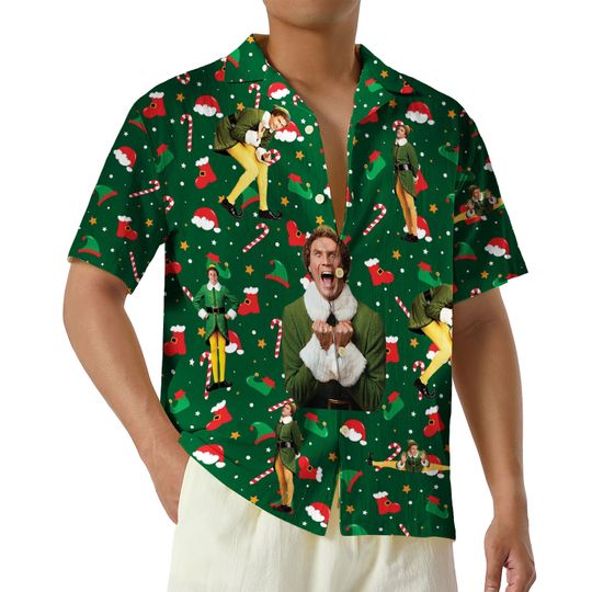 Buddy the ELF Christmas Hawaiian Shirt, Green Hawaiian Shirt, Christmas ELF Movie Button Up Shirt,  Will Ferrell Xmas Holiday Shirts
