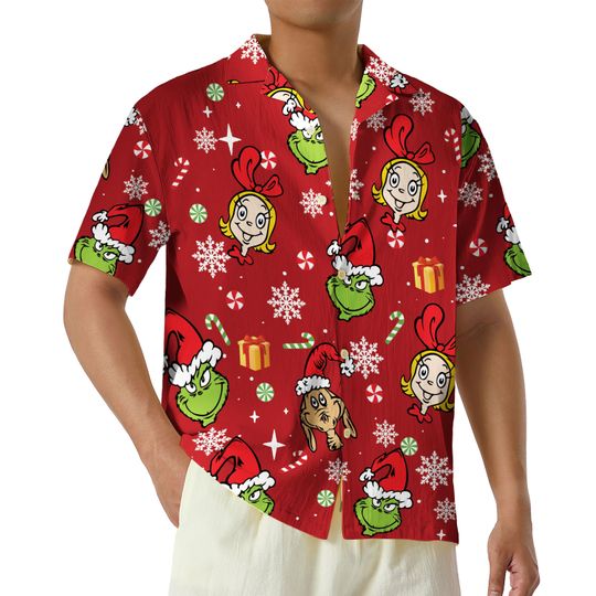 The funny character Cindy Lou Who Max Christmas Hawaiian Shirt, funny character Button Up Shirt, Merry Grin Xmas funny character Hawaii Short Sleeve Shirt