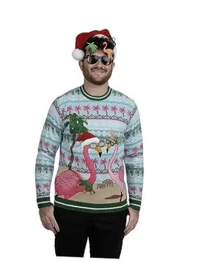 Men's Ugly Christmas Sweater Santa Small Flamingo Blue