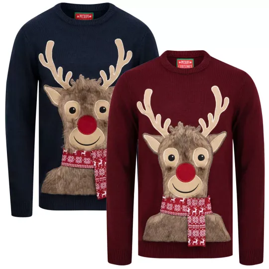 Men's Premium Christmas Jumper Reindeer Rudolph Faux Fur Novelty Xmas Sweater