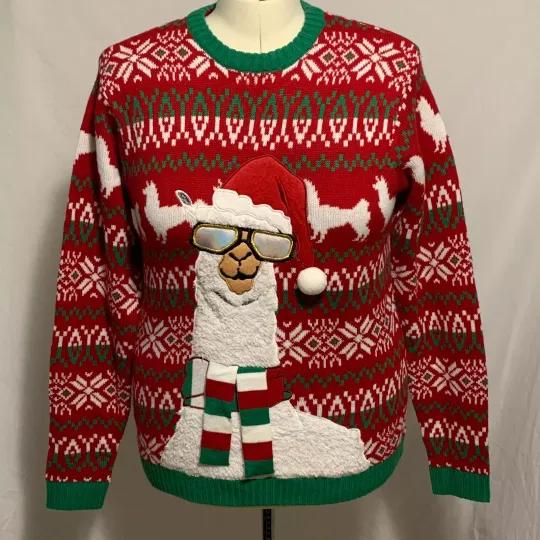 Ugly Christmas Sweater Llama Sunglasses Santa Hat Scarf Red Green Men Women M