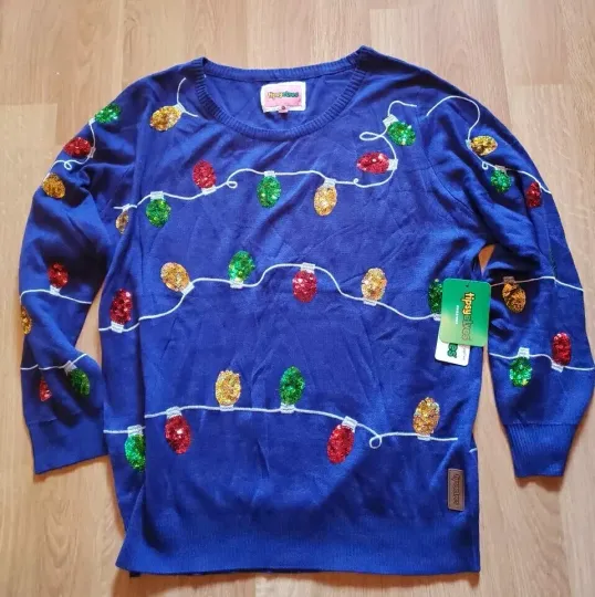 Tipsy Elves Unisex Blue Ugly Christmas Sweater Size XL Sequin Lights