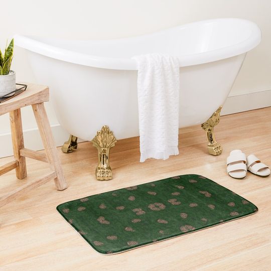 Natural Pinecones On Green Grass Background Bath Mat