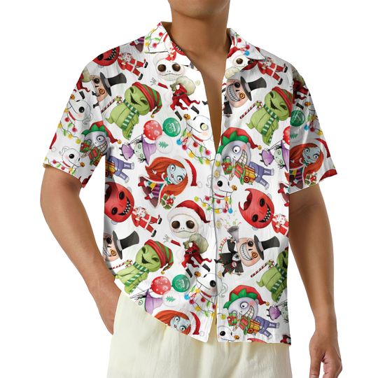 Vintage Disney Christmas Jack and Sally Oogie Boogie Lock Shock Barrel Hawaiian Shirt, Nightmare Before Christmas Button Up Shirt