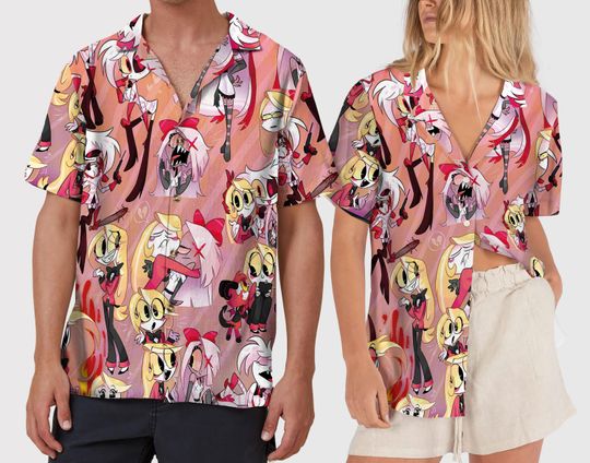 Charlie Morningstar and Vaggie Hazbin Hotel Hawaiian Shirt, Charlie Morningstar X Vaggie Lesbian Button Up Shirt, Vivziepop Hazbin Hotel