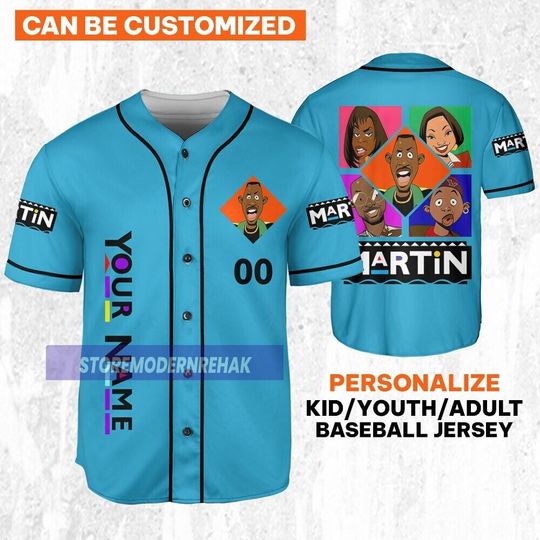 Personalize Martin Tv 90s Characters Cartoon Art Blue, Martin Lawrence Baseball Jersey Team, Movie TV Show Funny Birthday Gift For Fans