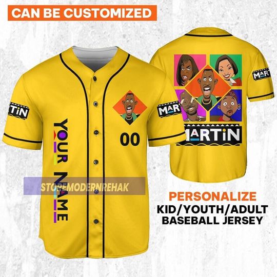 Personalize Martin Tv 90s Characters Cartoon Art Yellow, Martin Lawrence Baseball Jersey Team, Movie TV Show Funny Birthday Gift For Fans