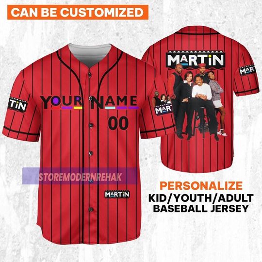 Personalize Martin Tv 90s Retro Tv Show Striped Horizontal Text Red Color, Martin Lawrence Baseball Jersey Movie TV Show Funny Birthday Gift