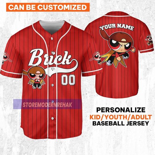 Personalize Brick Jersey Red White, Funny Powerpuff Girls 90s Cartoons, Retro Power Puff Girls Family Jersey, Birthday Gift For Fans