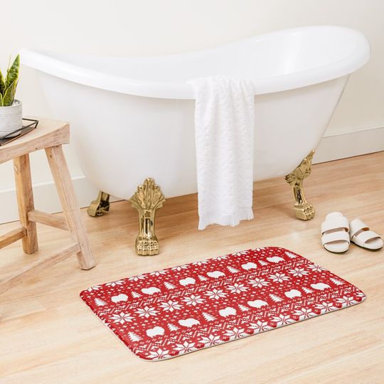 Pomeranian Dog Silhouettes Red and White Christmas Holiday Pattern Bath Mat
