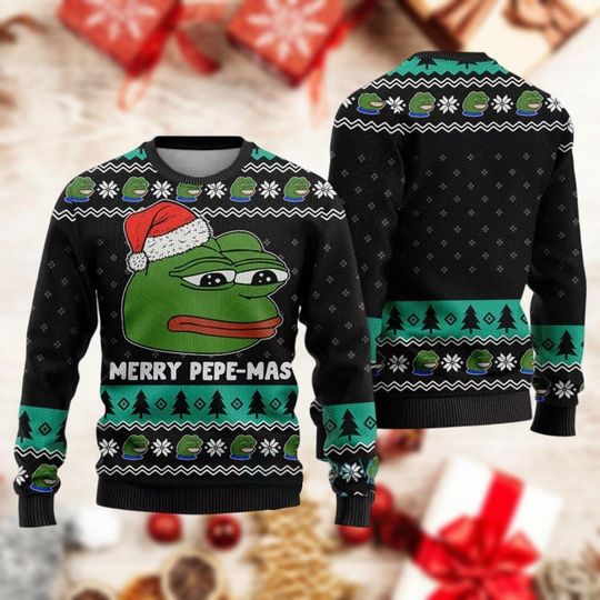 Christmas Pepe The Frog Meme Sweater, Merry Pepe Mas Ugly Sweater, Frog Smirking Xmas Sweater, Frog Santa Hat Merry Holiday Sweater