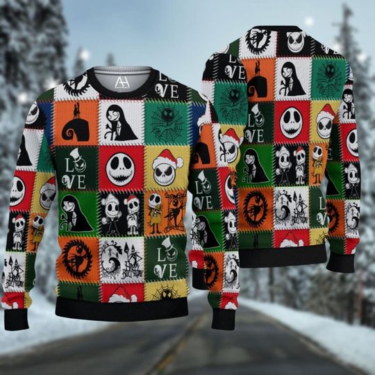 Christmas Skellington Ugly Sweater, Skellington Saly Sweater, Disney Character Couple Xmas Sweater, Jack Santa Hat Ugly Sweater