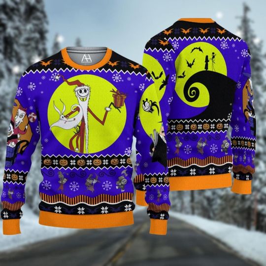 Skellington Christmas Ugly Sweater, Skellington Couple Sally Sweater, Disney Character Xmas Sweater, Jack Santa Hat Woolen Sweater