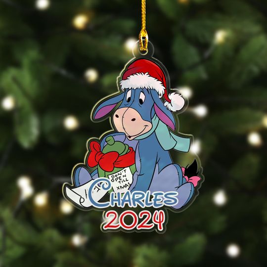 Personalized Eeyore Christmas Ornament, Funny Donkey Lights Customized 2024 Christmas Tree Decor, Pooh Santa Hat Xmas Gift For Kid