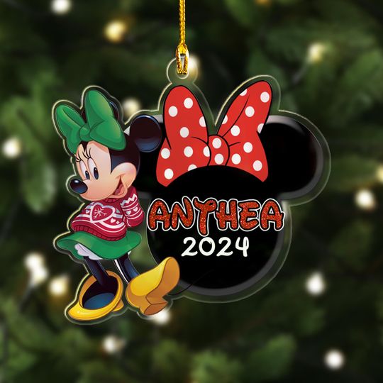 Personalized Minnie Mouse Christmas Ornament, Mouse Girl Customized 2024 Christmas Tree Decor, Mouse Santa Hat Christmas Gift For Kid
