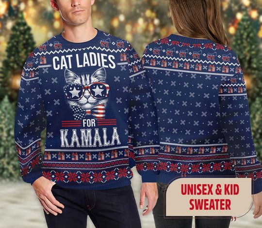 Cat Ladies For Kamala Ugly Christmas Sweater, Merry Harrismas Ugly Sweater, Childless Cat Ladies Kamala Harris Ugly Christmas Shirt
