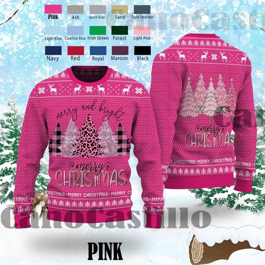 Merry & Bright Christmas Trees Ugly Sweater, Christmas Sweater,Holiday Sweater, Womens Holiday Sweater, Christmas Shirt, Winter Ugly Sweater