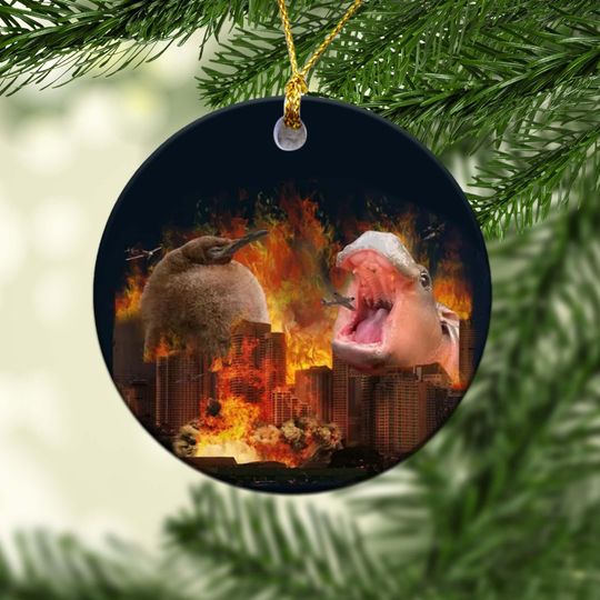 Discover Pesto The Penguin Ornament, Funny Ornament, Baby Hippo Ornament, Moo Deng And Pesto Ornament, Bouncy Pig in Thai Hippopotamus Ornament