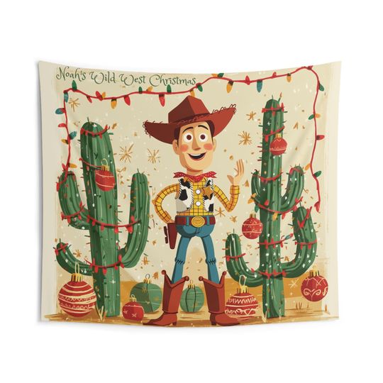 Personalized Cowboy Christmas Tapestry for Kids Rooms Western Holiday Wall Decor Custom Name Rustic Christmas Bedroom Decor for Country Fans