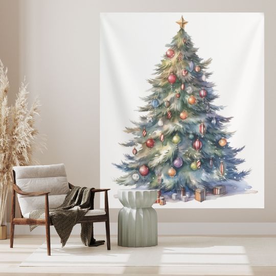 Christmas Tree Tapestry Aesthetic, Holiday College Tapestry, Festive Home Decor Gift for Apartment, Dorm Room Decor, Cute Fir Xmas Wall Art