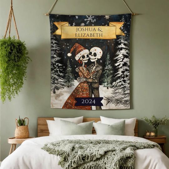 Personalized Gothic Christmas Tapestry, Skeleton Couple Wall Hanging, Gothic Xmas Wall Art, Til Death Do Us Part, Anniversary, Engagement
