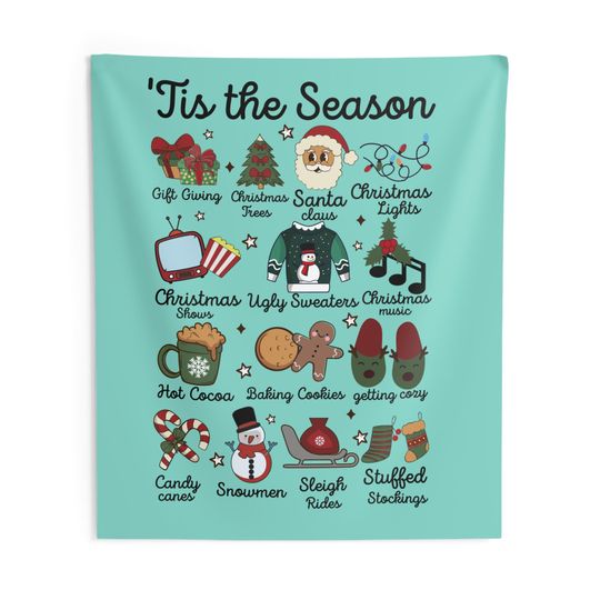 Christmas Tapestry, Retro Holiday Decor Wall Hanging, Festive Season Dorm Room Decoration, Vintage Xmas Wall Art, Tis the Season Banner,