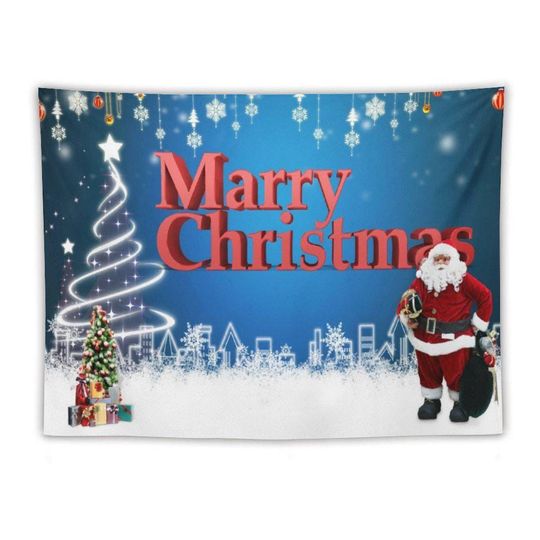 Blue Santa Claus Merry Christmas Tapestry  Festive and Cheerful Holiday Wall Hanging for Christmas Party Decor