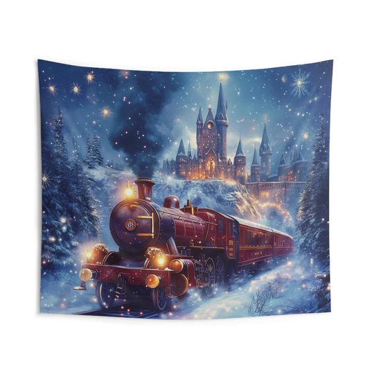 Christmas Magic Wizarding School Wall Tapestry | Enchanted Train & Castle Design Holiday Magic for Kids Bedrooms Wizarding | Christmas Gift