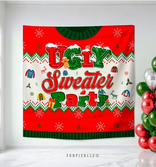 Uggly sweater Polyester banner, christmas sweater Tapestry, Christmas Wall art, Winter Wall Hanging, Custom backdrop - CHR01