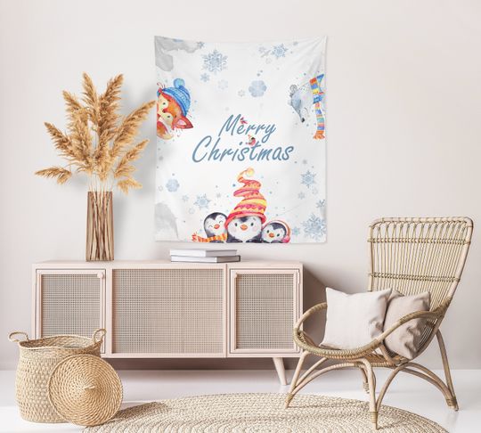 Christmas Art Tapestry, Seasonal Holiday Decor, Merry Christmas Wall Hanging, Tapestry Decor for Room,  Winter Animals Wall Hanging