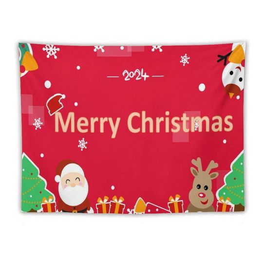 Santa and Reindeer Merry Christmas 2024 Tapestry  Festive Red Holiday Wall Hanging for a Cozy Seasonal Decoration