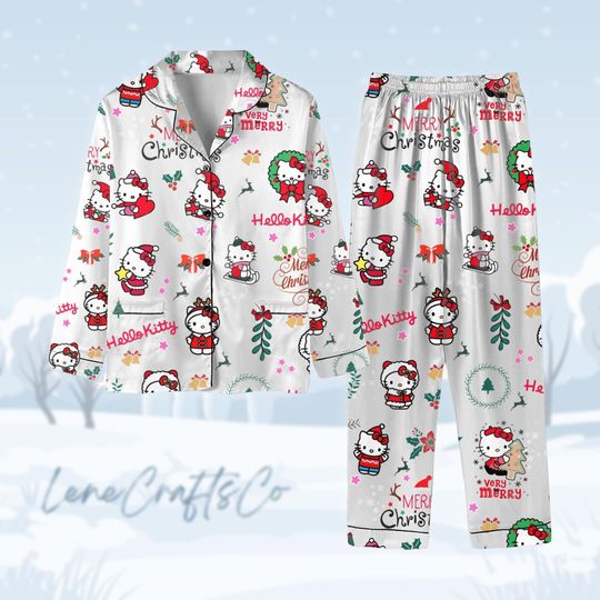 Hello Kitty Pajamas Christmas, Cartoon Pajama Set Women, Kitty Cat Pajamas Family, Cute Cat Holiday Pajamas, Kawaii Kitty Pajamas Pants