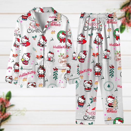 Hello Kitty Christmas Pajamas, Hello Kitty Pajamas Set, Kitty Cat Xmas Pajamas, Merry Christmas Pj Set, Hello Kitty Lover Gift