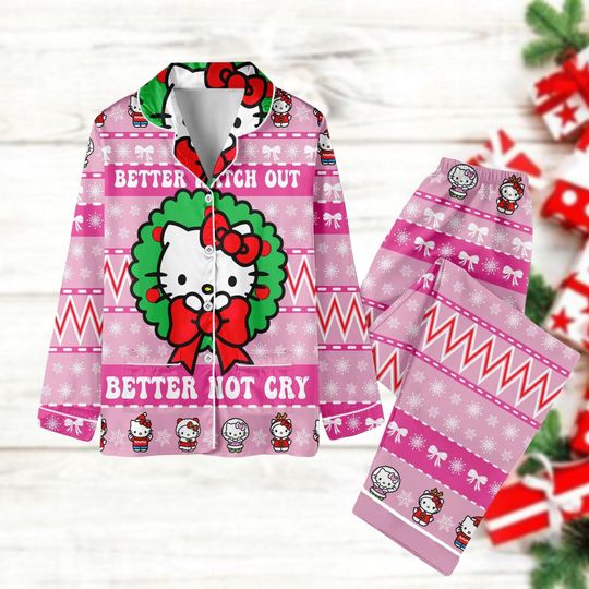 Christmas Hello Kitty Pajamas, Cute Pink Cat Pajamas Set, Kitty Cat Woman Pajamas, CartoonKitty Shirt, Kitty Cat Lover Gift