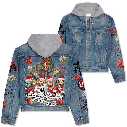 U2 Band Hooded Denim Jacket, Rock Band U2 Jean Jacket, U2 Band Concert Hoodie Jacket, U2band Santa Hat Denim Jacket Men, Rock Music Jac