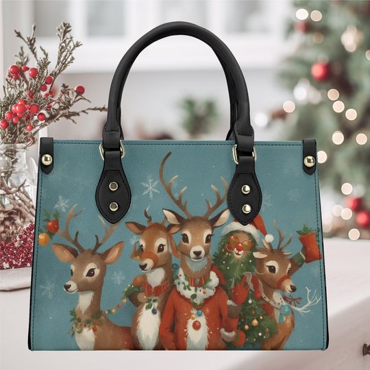 Christmas Santa Claus Reindeer whimsical holiday winter Handbag shoulder purse tote leather fun cute