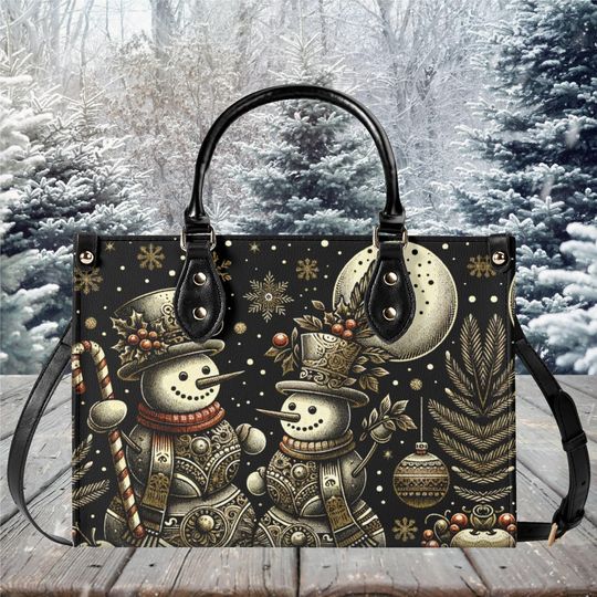 Luxury Women leather Handbag tote beautiful Christmas gold Holiday snowmen winter whimsical season design purse 3 size