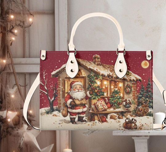 Luxury Women leather Handbag tote beautiful Christmas Holiday Santa Claus winter gold cottage core farmhouse whimsical design