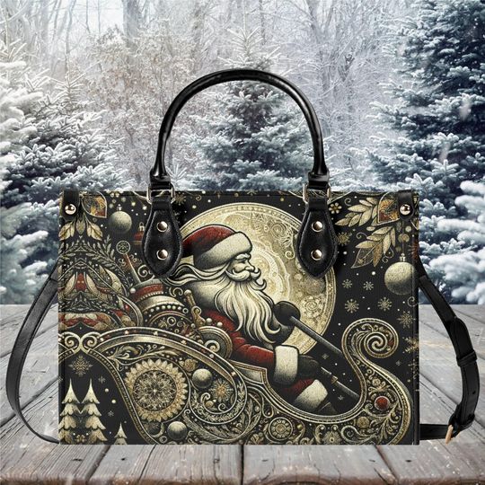 Luxury Women leather Handbag tote beautiful Christmas Holiday Santa Claus gold sleigh winter whimsical season design purse 3 size