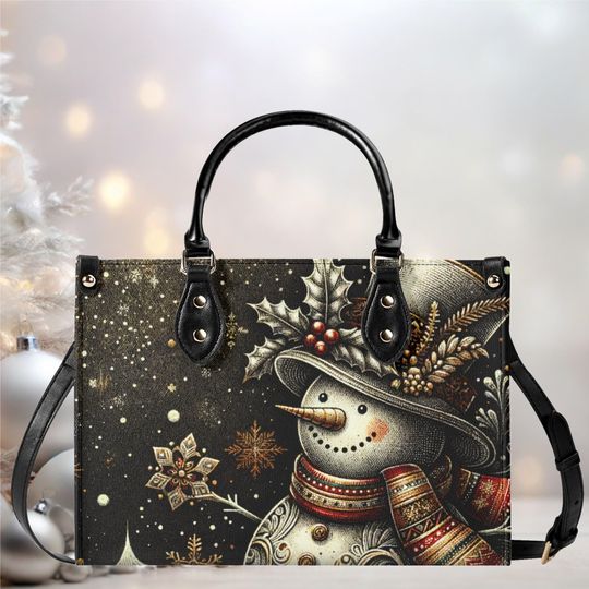 Luxury Women leather Handbag tote beautiful Christmas Holiday black glittery snowman winter whimsical season design purse 3 size