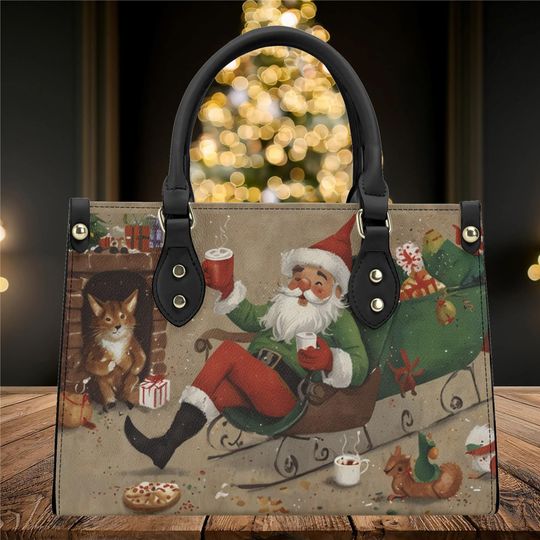 Christmas Santa Claus whimsical holiday winter Handbag shoulder purse tote leather fun cute, 'No strap has a lock closure