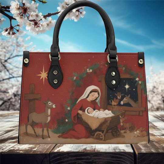 Christmas Mary and baby Jesus whimsical holiday winter Handbag shoulder purse tote leather fun cute, 'No strap has a lock closure