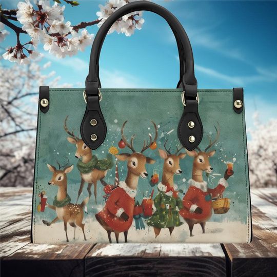 Reindeer with cocktail drinks whimsical holiday winter Handbag shoulder purse tote leather fun cute, 'No strap has a lock closure