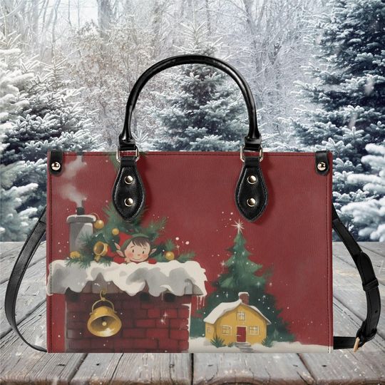 Luxury Women  leather Handbag tote beautiful Christmas Holiday Elf chimney cottage tree winter whimsical season design purse 3 size